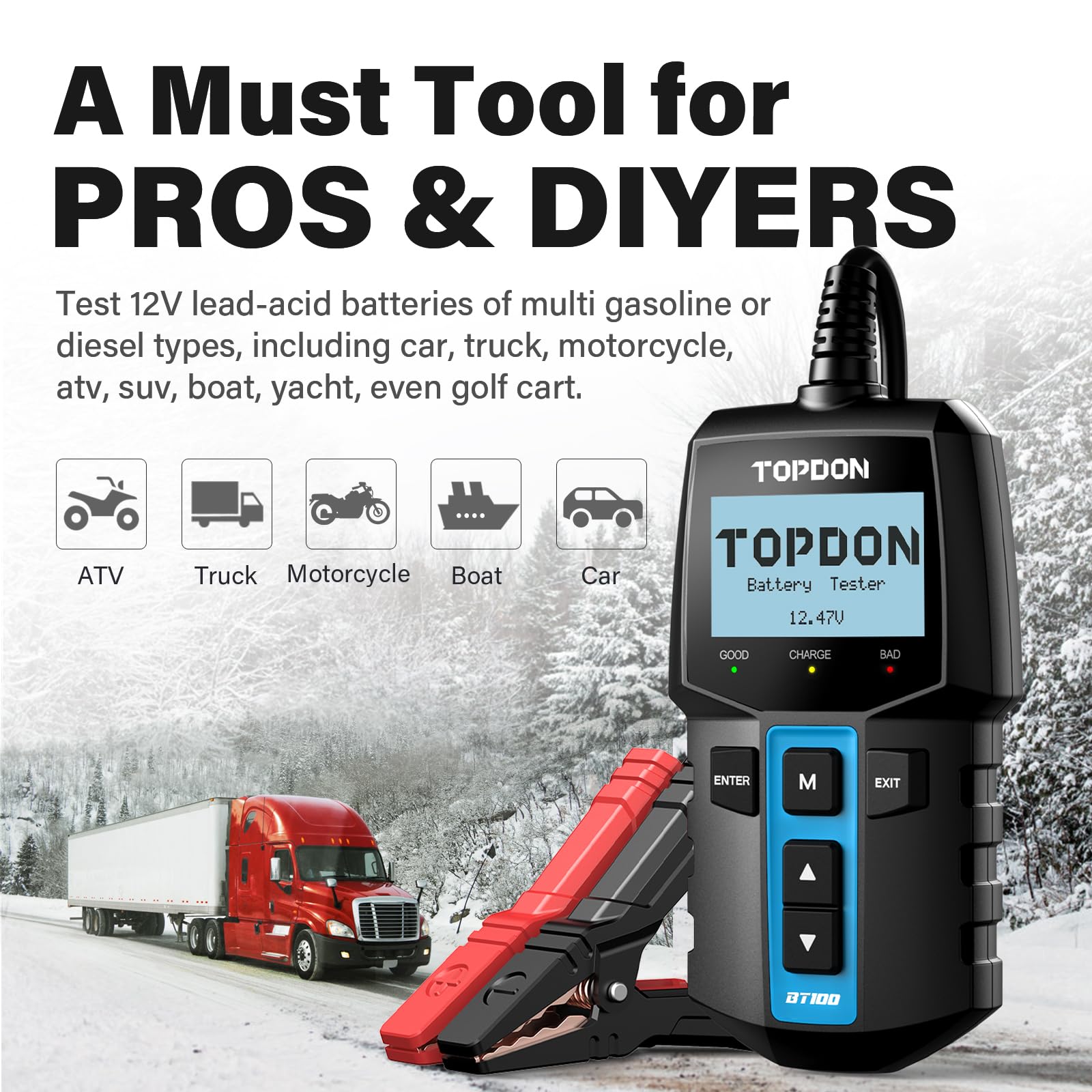 Car Battery Load Tester Digital Cranking - TOPDON BT100 12V Digital Battery Analyzer,