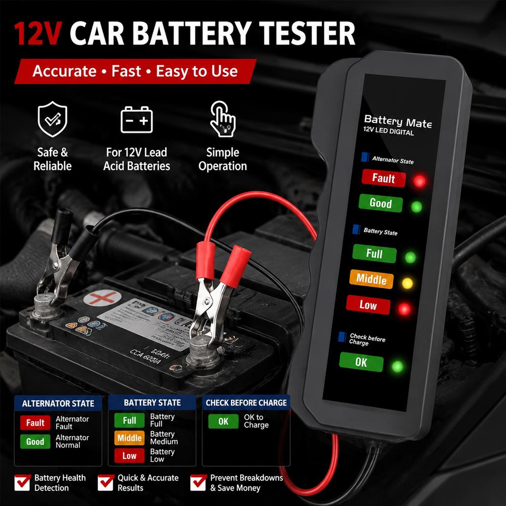 Alternator Tester Digital Diagnostic Tool - Car Battery Tester 12V Digital Alternator