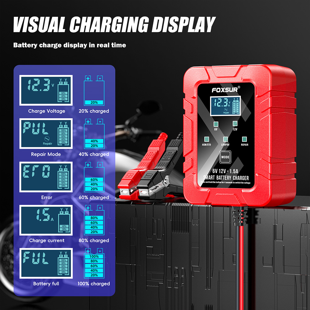 FOXSUR FBC061215D 6V 12V 1.5A  - Lifepo4 Battery Charger Smart Automatic recension och pris
