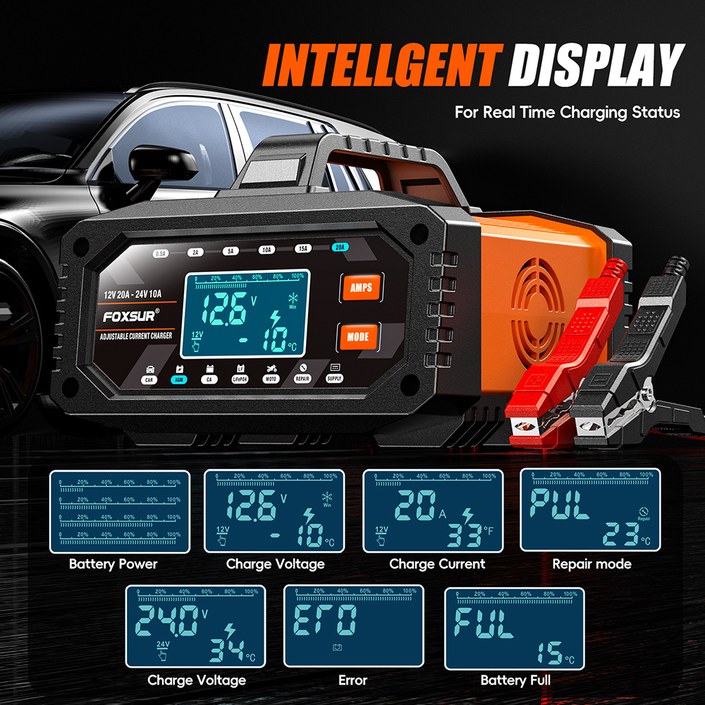 12V/24V Portabl 0.5A-20A  Car  - Smart Car Battery Charger 12V 24V 20A recension och pris