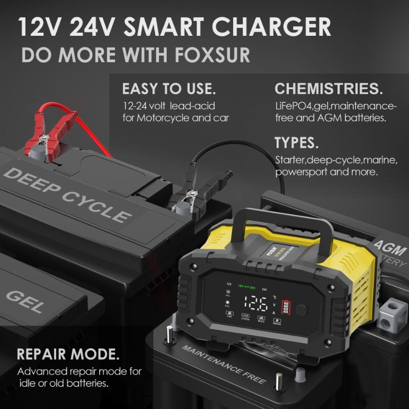 FOXSUR Car Motorcycle Battery  - Smart Car Battery Charger 12V 24V 20A recension och pris