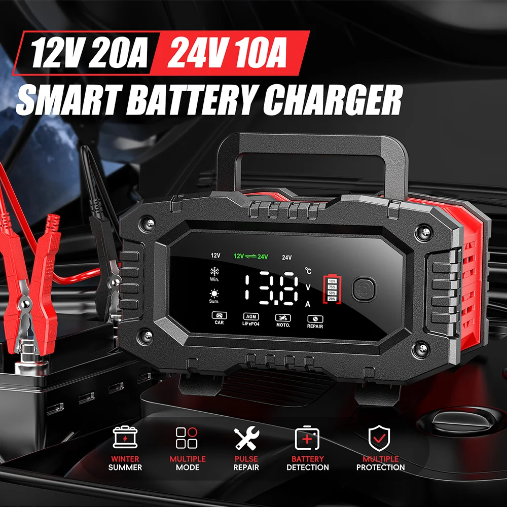 FOXSUR 20A/10A Car Motorcycle  - Smart Car Battery Charger 12V 24V 20A recension och pris
