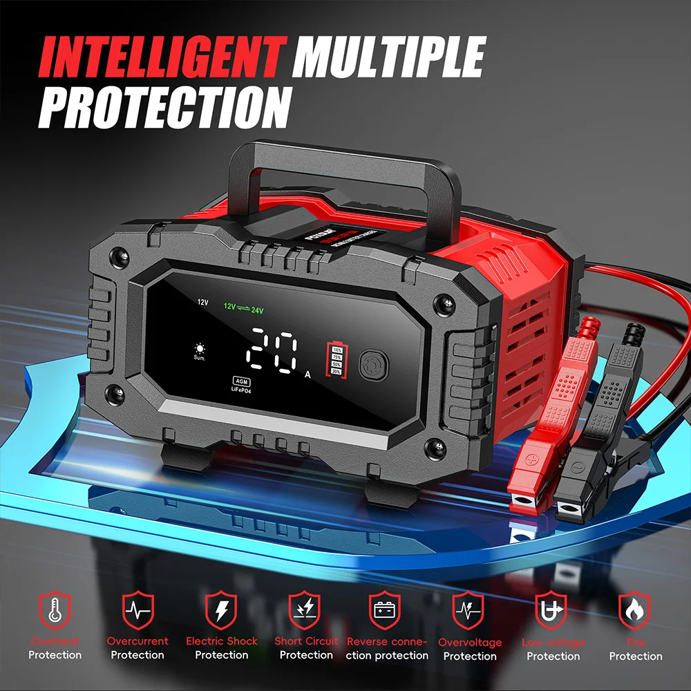 FOXSUR 20A/10A Car Motorcycle  - Smart Car Battery Charger 12V 24V 20A recension och pris